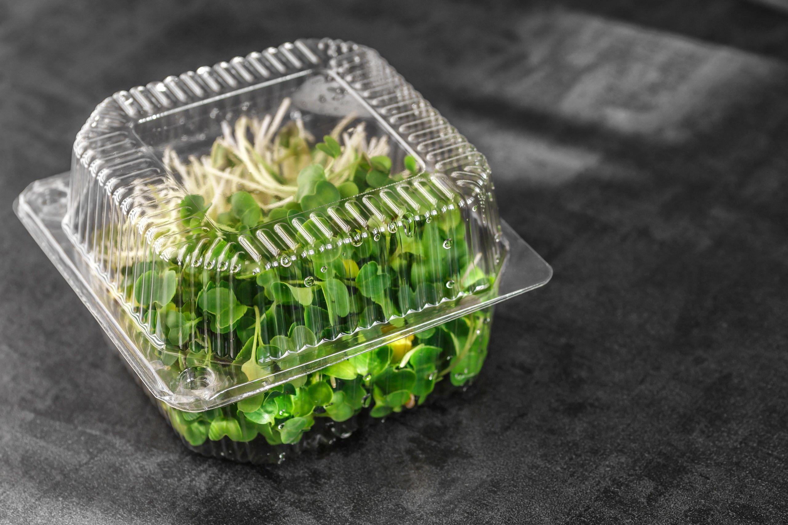 Microgreens packed in a clear clamshell container